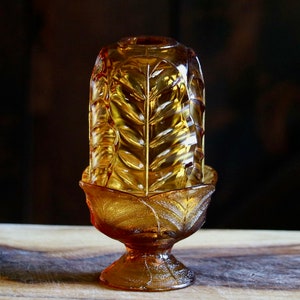 Vintage Amber Viking Glass Fairy Lamp, Bougie Entryway Decor, Cabbage Leaf Fairy Light with Tulip Shaped Base, Collector Gift, Cottagecore