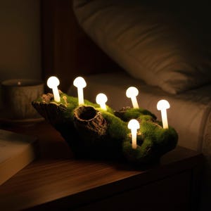 Fairy Forest Mushroom Light, Mossy Rock Mini Table Lamp, Soft Warm Glow Bedside Accent, Nature Inspired Home Décor MSL001